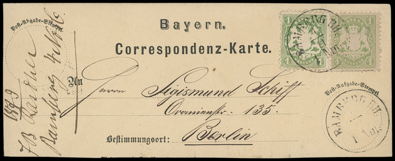 Markenausgaben
Bayern
1870, 1 Kreuzer Wappen gezähnt, gelbgrün und dunkelgelbl...