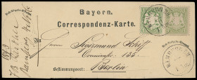 Markenausgaben
Bayern
1870, 1 Kreuzer Wappen gezähnt, gelbgrün und dunkelgelblichgrün, besonders auffällige Auflagen-Mischfrankatur mit K1 "BAMBERG ...