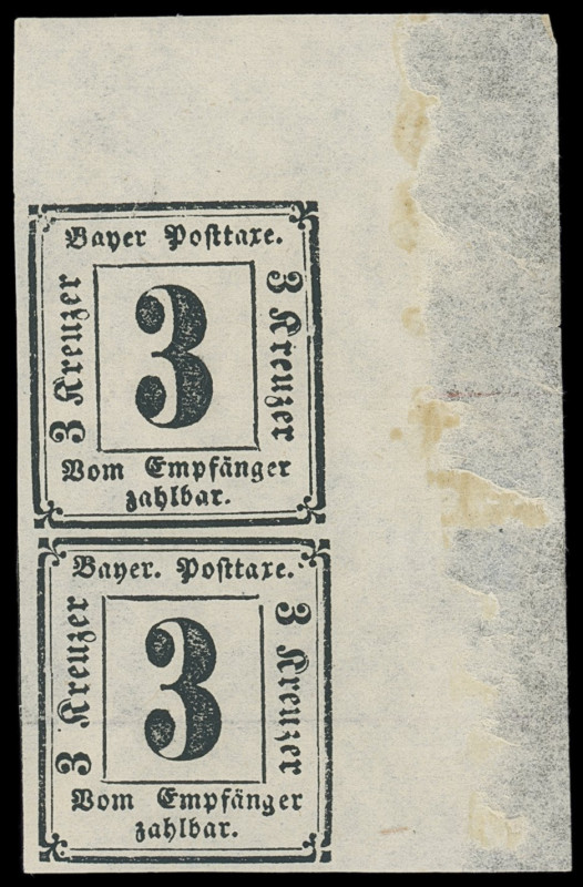 Portomarken
Bayern
1870, 3 Kreuzer schwarz, senkrechtes Paar aus der rechten o...
