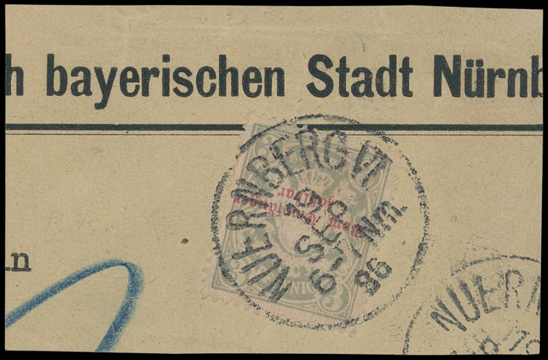 Portomarken
Bayern
1896, 3 Pfennig grau, mit Abart: kopfstehender roter Aufdru...