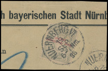 Portomarken
Bayern
1896, 3 Pfennig grau, mit Abart: kopfstehender roter Aufdruck "Vom Empfänger zahlbar", mit sauber und zentrisch aufgesetztem K1 "...