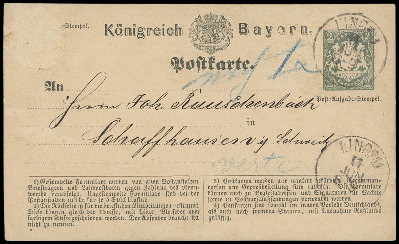 Ganzsachen
Bayern
1874, 2 Kreuzer Ganzsachen-Karte, sehr ungewöhnliche unterfr...