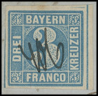 Stempel
Bayern
"406" handschriftliche Bahnpost-Entwertung, zweimal sauber auf Kabinettstücken 1850, 3 Kreuzer blau und 6 Kreuzer braun, selten (vgl....