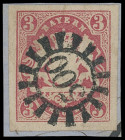 Stempel
Bayern
"500" gMR, sehr sauber und zentrisch auf Briefstück mit allseits breitrandiger 3 Kreuzer Wappen geschnitten, Kabinett.
