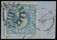 Stempel
Bayern
 "L3" und "L6" Briefträgerstempel nebengesetzt bzw. einmal sogar auf die Marke übergehend, auf zwei Briefstücken mit tadellosen 1850,...