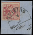 Stempel
Bayern
"FRESING" HKS auf Kabinett-Briefstück mit allseits sehr breitrandiger 3 Kreuzer rot aus der rechten oberen Bogenecke.