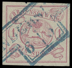 Markenausgaben
Braunschweig
1852, 1 Silbergroschen karmin, farbfrisches Kabinettstück mit zentrisch aufgesetztem sog. Hammerstempel von GANDERSHEIM ...