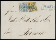 Markenausgaben
Braunschweig
1852/53, 2 Silbergroschen blau und 2. Ausgabe 1 Silbergroschen schwarz auf chromgelb, mit Wasserzeichen Mundstück nach l...