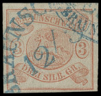 Markenausgaben
Braunschweig
1852, 3 Silbergroschen orangerot, farbfrisches Kabinettstück mit sehr sauber aufgesetztem HKS „BRAUNSCHWEIG 12/3“ sowie ...
