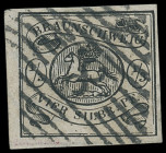 Markenausgaben
Braunschweig
1856, 1/3 Silbergroschen geschnitten, Kabinettstück mit sauber und genau zentrisch aufgesetztem NS „8.“. Signatur Carl H...