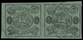 Markenausgaben
Braunschweig
1863, 1/2 Groschen geschnitten, auf dünnem, grünem Papier, Luxus-Paar aus der rechten unteren Bogenecke mit sauberen K2 ...