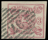 Markenausgaben
Braunschweig
1862, 3 Silbergroschen rot, Kabinett-Randstück mit sauberem NS "37." SCHOENINGEN. In dieser Qualität selten.