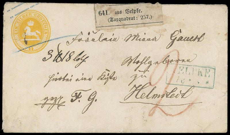 Ganzsachen
Braunschweig
1863, 1 Silbergroschen Ganzsachen-Kuvert, mit blauem R...