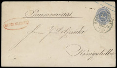 Ganzsachen
Braunschweig
1865, 2 Groschen Ganzsachen-Kuvert (kaum wahrnehmbare Fehler) mit sauberem K2 "BRAUNSCHWEIG" als Inlands-Einschreiben. Sehr ...