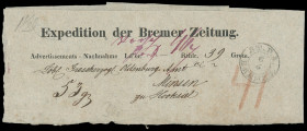 Vorphilatelie
Bremen
1850 (ca.) Nachnahme-Streifband der "Expedition der Bremer Zeitung" mit sauberem Aufgabe-K2 "ST.P.A. BREMEN. 6 5" nach Minsen b...