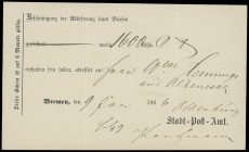 Vorphilatelie
Bremen
1866, Postschein des Bremer Stadtpost-Amtes für die Auflieferung eines Wertbriefes über 1.600 Thaler Curant. Ungewöhnliches Dok...