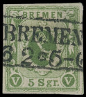 Markenausgaben
Bremen
1859/61, 5 Silbergroschen geschnitten, moosgrün, unscharfer Druck, farbintensives Luxusstück mit sauber, gerade und genau zent...