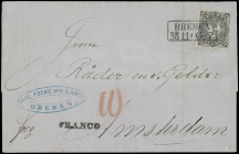Markenausgaben
Bremen
1863/65, 10 Grote schwarz, durchstochen (2. Auflage), mit sehr sauber und gerade aufgesetztem Ra2 „BREMEN 23 11“ auf Faltbrief...