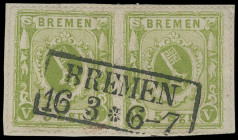Markenausgaben
Bremen
1865, 5 Silbergroschen durchstochen, gelbgrün, waagerechtes Paar (leichte Druckspur) mit sehr sauberem Ra2 "BREMEN 16 3" auf k...