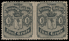 Markenausgaben
Bremen
1867, 5 Grote gezähnt, waagerechtes Paar (Typen I-II) mit Abart: in der Mitte ungezähnt, farbfrisch und ausgabetypisch unregel...