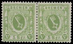 Markenausgaben
Bremen
1867, 5 Silbergroschen blaugrün, waagerechtes Kabinett-Paar, ungebraucht mit Originalgummi. Einheiten dieser allerletzten Ausg...