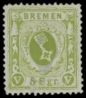 Markenausgaben
Bremen
1866, 5 Silbergroschen gezähnt, dunkelgrünlicholiv, gestrichenes Papier der 1. Auflage, farbfrisch und gut zentriert, jedoch m...