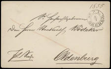 Stempel
Bremen
„ST. P. A. BREMEN 4/7“ sehr sauber auf portofreiem Brief „Post-Sache“ (1855) des Bremer Senats, adressiert an den Leiter der Oldenbur...