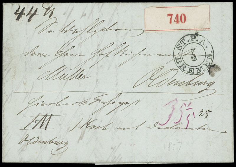 Stempel
Bremen
"ST.P.A. BREMEN. 7 2" sehr sauber auf Paketbegleitbrief (1857) ...