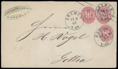 Stempel
Bremen
"BREMEN", blauer K1 des ehemals hannoverschen Postamtes, jetzt in preußischer Type mit Jahreszahl, sauber auf zwei Briefen und einer ...