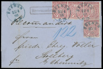Stempel
Bremen
„BREMEN“ blauer K1 des ehemals hannoverschen Postamtes, jetzt in preußischer Type mit Jahreszahl, sauber auf drei interessanten Brief...