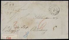 Stempel
Bremen
"VEGESACK. 9/4", sauber auf patiniertem Porto-Wertbrief (1858) mit entsprechendem Paketaufkleber über Bremen nach Oldenburg mit rücks...