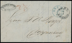 Hannoversche Post in Bremen
Bremen
Postwechselbrief (1853) nach Cloppenburg im Oldenburgischen mit blauem Aufgabe-K1 "BREMEN 7/1" und Übernahme-K2 d...