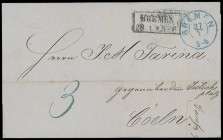 Hannoversche Post in Bremen
Bremen
Postwechselbrief (1858) nach Köln mit blauem Aufgabe-K2 "BREMEN 27/1" und Übernahme-Ra2 des preußischen Postamtes...