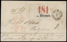 Oldenburgische Post in Bremen
Bremen
Fahrpostbrief (ca. 1858) von Bremen nach Ovelgönne, mit vorderseitigem Paketaufkleber und darauf übergehend sau...
