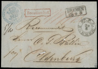 Oldenburgische Post in Bremen
Bremen
Postwechselbrief nach Oldenburg, vollständiger Faltbrief (1856) der "Agentur der Braunschweigischen Bank in Bre...