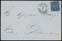 Oldenburgische Post in Bremen
Bremen
1852, 1/30 Thaler, Kabinettstück mit sauber und gerade auf- und nebengesetztem K2 „ST.P.A. BREMEN 30 8“ auf Fal...