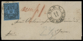 Oldenburgische Post in Bremen
Bremen
1852, 1/30 Thaler, farbfrisches Kabinettstück mit sauber auf- und nebengesetztem K2 „ST.P.A. 14 11“ auf kleinfo...