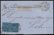 Oldenburgische Post in Bremen
Bremen
1852, 1/30 Thaler, zwei farbfrische und breitrandige Exemplare (linke Marke mit senkrechtem Bug) mit sauberen K...
