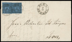Oldenburgische Post in Bremen
Bremen
1852, 1/30 Thaler, zwei farbfrische Kabinettstücke, mit sehr sauber auf- und nebengesetzten K2 „ST.P.A. 7/9“ au...