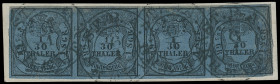 Oldenburgische Post in Bremen
Bremen
1852, 1/30 Thaler, farbfrischer waagerechter Viererstreifen (Ränder teils repariert), mit sehr sauber und gerad...