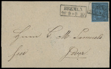 Oldenburgische Post in Bremen
Bremen
1852, 1/30 Thaler, farbfrisches Luxusstück mit sehr sauber aufgesetztem Ra2 "BREMEN 24/9" auf Faltbrief (1858) ...