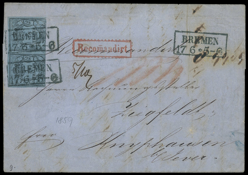 Oldenburgische Post in Bremen
Bremen
1852, 1/30 Thaler, waagerechtes Paar, unt...