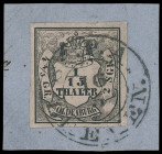 Oldenburgische Post in Bremen
Bremen
1852, 1/15 Thaler, mit sauber und gerade aufgesetztem K2 „ST.P.A. BREMEN 16 5“ auf Luxus-Briefstück (zur Kontro...