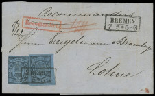 Oldenburgische Post in Bremen
Bremen
1859, 2. Ausgabe, 1 Groschen schwarz auf blau, zwei farbfrische Exemplare (eins mit Fehlern, das andere ein bes...