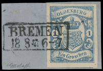 Oldenburgische Post in Bremen
Bremen
1861, 3. Ausgabe: 1 Groschen blau, sehr farbfrisches Luxusstück, mit sauber und gerade aufgesetztem Ra2 "BREMEN...