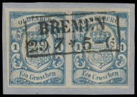 Oldenburgische Post in Bremen
Bremen
1861: 3. Ausgabe, 1 Groschen blau, waagerechtes Luxus-Paar, mit sehr sauber, gerade und zentrisch aufgesetztem ...