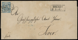 Oldenburgische Post in Bremen
Bremen
1861, 3. Ausgabe: 1 Groschen blau, farbfrisches Kabinettstück mit sauberem Ra2 "BREMEN 5 5" auf leicht gebräunt...