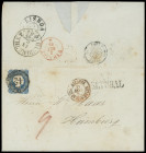 Destinationen
Hamburg
Portugal, Incoming-Mail, 1855, 25 Reis blau, farbfrisch aber knapp geschnitten, mit zentrischem NS "42" und Aufgabe-L1 "SETUBA...