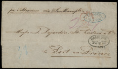 Destinationen
Hamburg
Destination Haiti, 1863, vollständiger Faltbrief der 2. Gewichtsstufe, mit Oval-Stempel "HAMBURG 30/12 1863" Franko-Taxe "38" ...