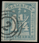 Markenausgaben
Hamburg
1864, 1 1/4 Schilling türkisblau, besonders farbfrisch und allseits breitrandig geschnitten, mit sauberem NS "2". Überdurchsc...
